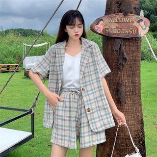 Set: Elbow-sleeve Plaid Blazer + Drawstring Wide-leg Shorts