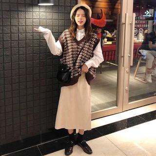 Pattern Knit Vest / A-line Midi Skirt