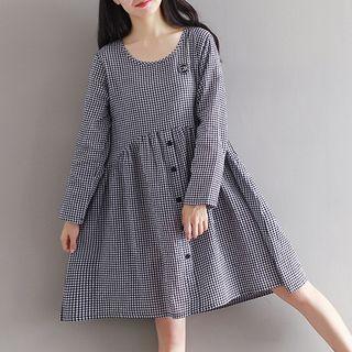 Plaid Linen Cotton Long-sleeve Dress