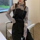Long-sleeve Face Print Mesh Top / Camisole Top / Wide-leg Pants
