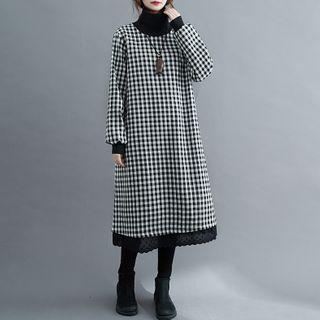 Long-sleeve Plaid Turtleneck Midi Dress