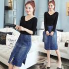 Set: Long-sleeve V-neck T-shirt + Split Hem Denim Skirt