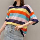 Lettering Striped Elbow-sleeve Knit Top