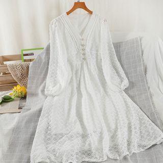 Puff-sleeve Midi A-line Lace Dress White - One Size