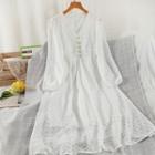 Puff-sleeve Midi A-line Lace Dress White - One Size