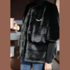 Elbow-sleeve Hook-and-eye Faux-fur Jacket Black - One Size