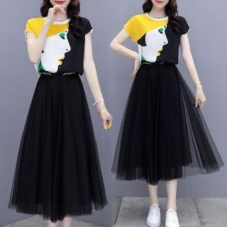 Set: Short-sleeve Graphic Print Chiffon Top + Mesh Overlay Midi A-line Skirt