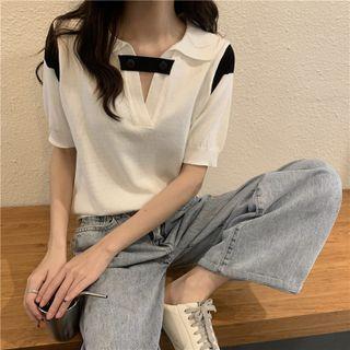 Short-sleeve Two-tone Panel Collared Knit Top