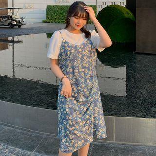 Set : Short-sleeve Plain T-shirt + Suspender Ruched Floral Dress