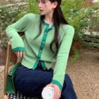 Round-neck Two Tone Button-up Cardigan Green - One Size