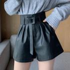 High-waist Belted Faux Leather Shorts