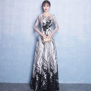 Elbow-sleeve Printed A-line Evening Gown