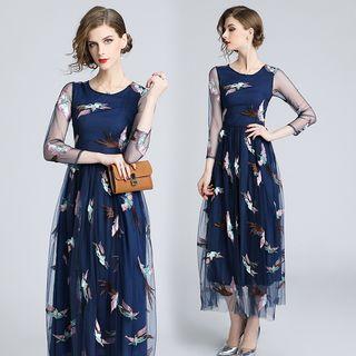 3/4-sleeve Embroidered Maxi A-line Dress