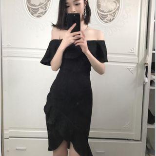 Plain Off Shoulder Frill Hem Sheath Dress