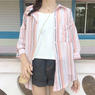 Mock Two Piece Striped 3/4 Sleeve Shirt