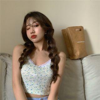 Floral Print Lace Trim Cropped Camisole Top / Cardigan