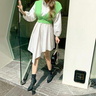 Set: Plunge-neck Vest + Asymmetric-hem Shirtdress