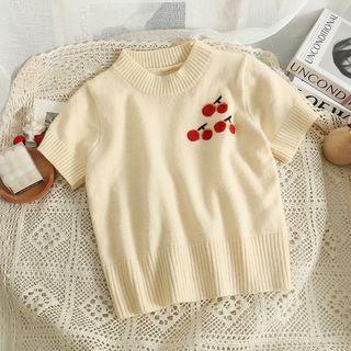 Cherry-print Mock-neck Crop T-shirt Almond - One Size