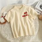 Cherry-print Mock-neck Crop T-shirt Almond - One Size