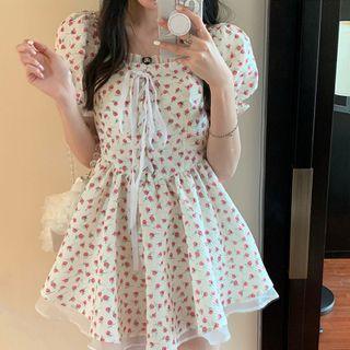 Puff-sleeve Lace-up Mesh Dress