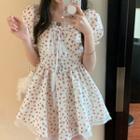 Puff-sleeve Lace-up Mesh Dress