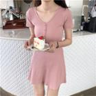 Short-sleeve Front Button Knit Dress Pink - One Size