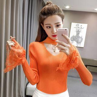 Lace-cuff Cutout Rib Knit Top