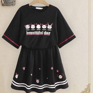 Short-sleeve Cartoon Print T-shirt / Striped Mini A-line Skirt / Set