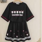 Short-sleeve Cartoon Print T-shirt / Striped Mini A-line Skirt / Set
