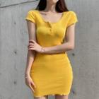 Short-sleeve Lettuce Edge Button-up Mini Bodycon Dress Yellow - One Size