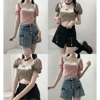 Set : Flower Trim Top + Bow Accent Pearl Denim Skort
