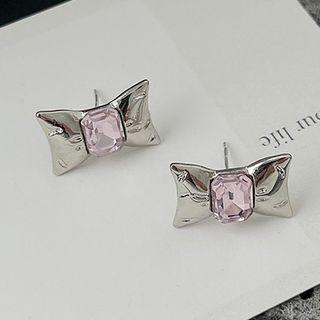 Bow Sterling Silver Stud Earring 1 Pair - Pink & Silver - One Size