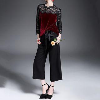 Lace Panel Velvet Long-sleeve Top