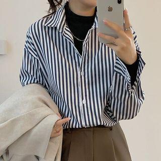 Oversized Striped Long-sleeve Shirt Dark Blue - One Size