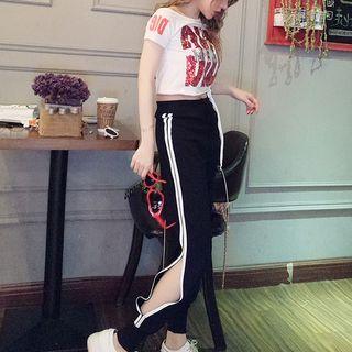 Set: Short-sleeve Sequined Top + Contrast Trim Knit Harem Pants