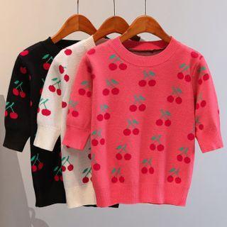 Cherry Print Elbow-sleeve Knit Top