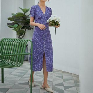 Short-sleeve Floral Print Front-slit Midi Dress