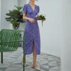 Short-sleeve Floral Print Front-slit Midi Dress