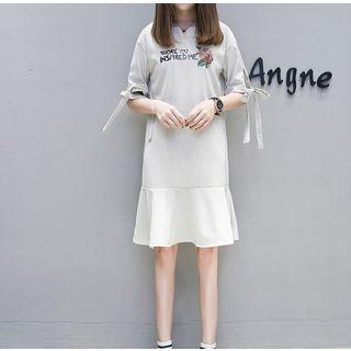 Printed Striped Elbow-sleeve A-line Dress