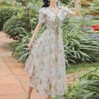 Short-sleeve Lace Trim Floral Maxi A-line Dress