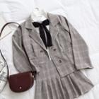 Tie-neck Shirt / Plaid Double-breasted Blazer / Pleated Skirt / Set