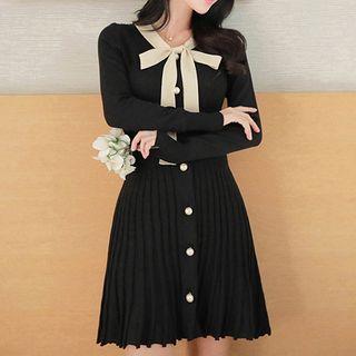 Long-sleeve Tie-neck Mini A-line Knit Dress As Shown In Figure - One Size