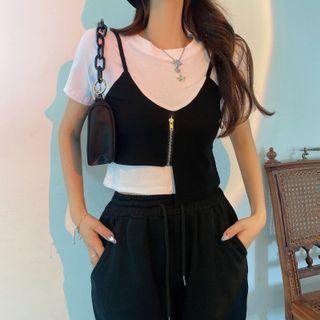 Short-sleeve Mock Two-piece Slim-fit T-shirt White - One Size