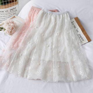 Faux-pearl Embroidered Mesh A-line Skirt