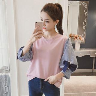Striped Panel Lantern-sleeve T-shirt