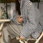 Fleece Stand-collar Striped Long-sleeve Jacket Blue & White - One Size