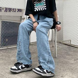 Drawstring Waist Distressed Wide-leg Jeans