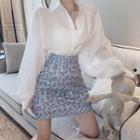 Lantern-sleeve Shirt / Leopard Print Mini A-line Skirt