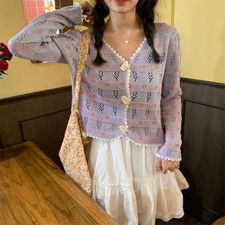 Floral Jacquard Eyelet Knit Cardigan