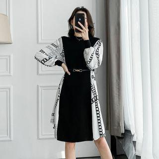 Puff-sleeve Lettering Panel A-line Knit Dress